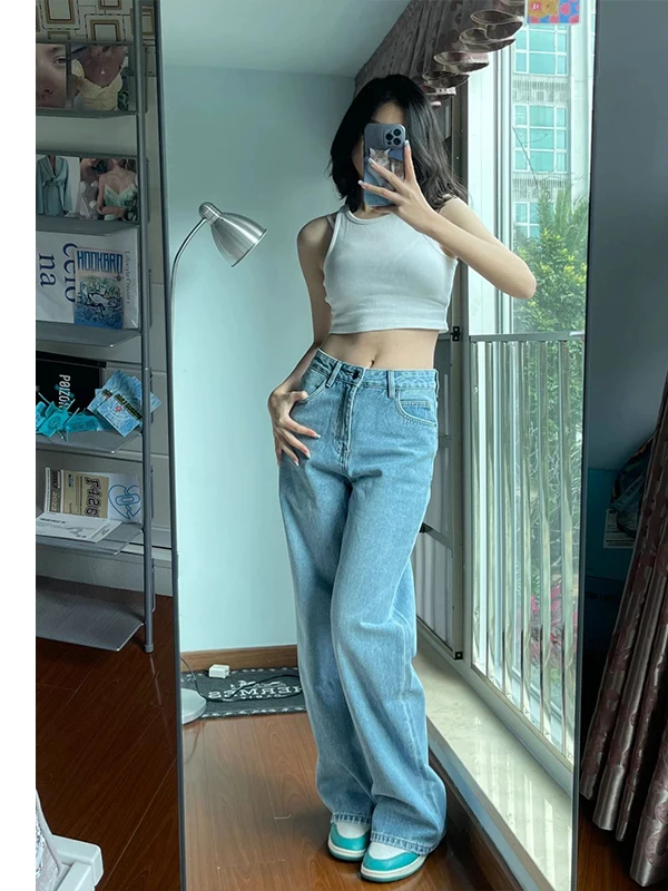 

Light Blue Loose Straight Leg Jeans Women's plus Size Summer Thin Jeans Casual High Waist Cotton Polyester Regenerated Fiber