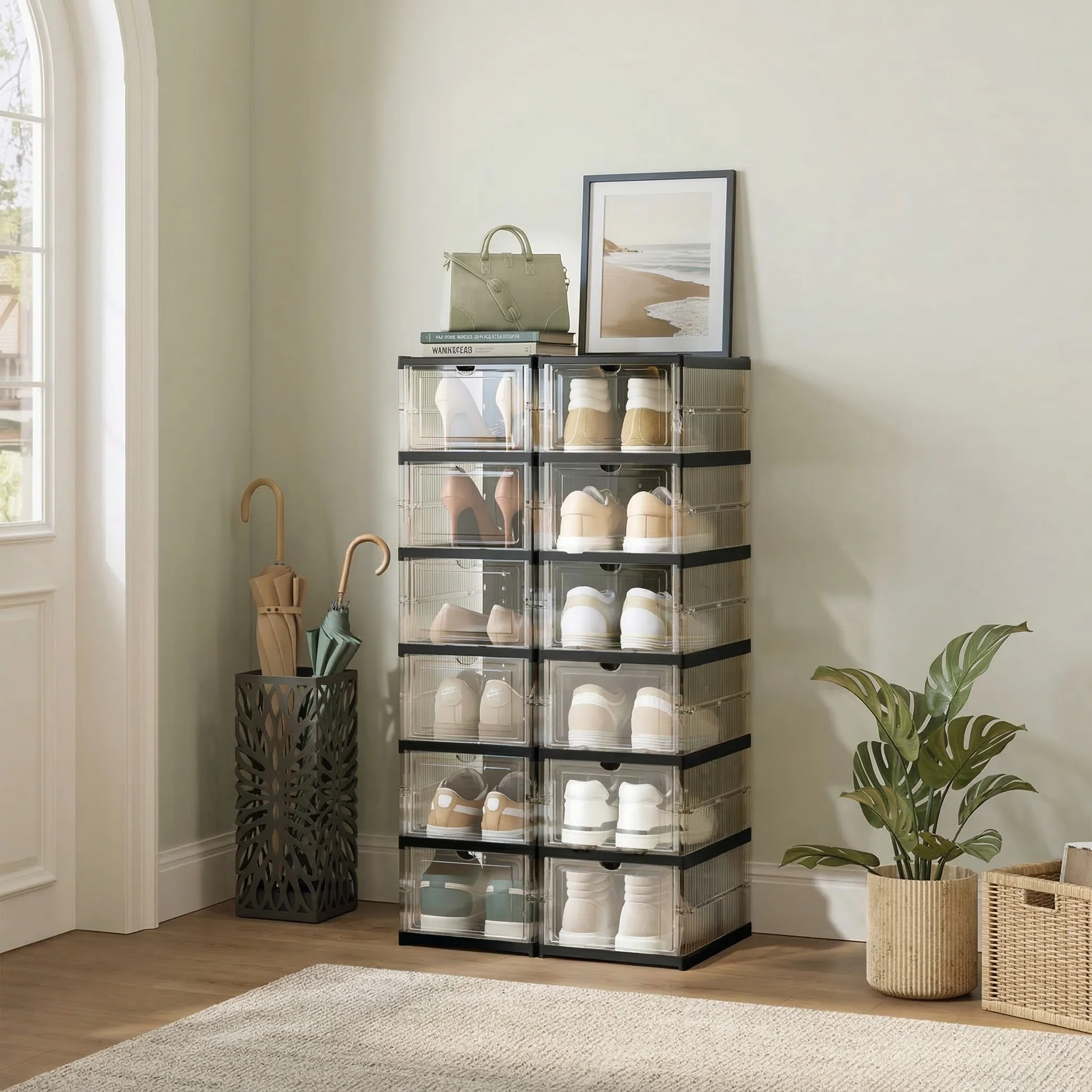 Assembly-free Foldable Transparent Shoe Box, Stackable Plastic Shoe Storage Box for Closet & Entryway Use（6/9/12 Layers ）