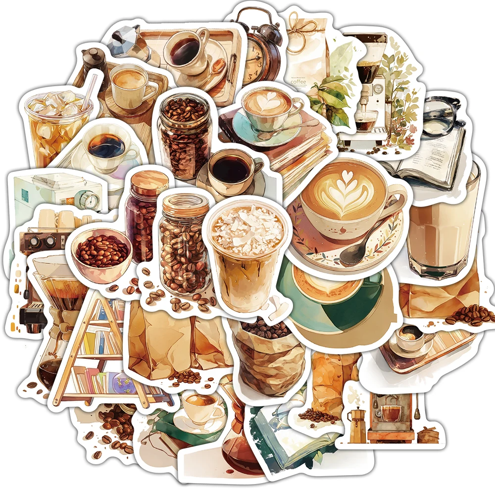 30PCS Vintage Coffee Series Sticker Pack Skateboard Cases Creative Phone Picture Guitar Decorative Notebooks Waterproof Stickers