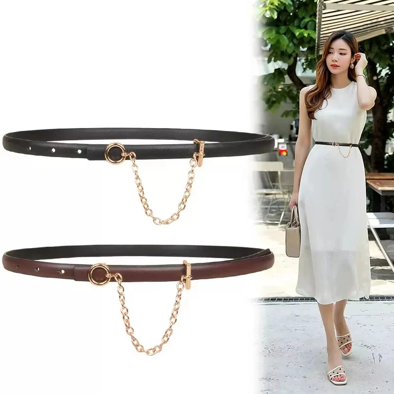 

Trendy Thin Cow Leather Belt with Metal Chain Decoration Adjustable Waist Cincher for Tops Skirts & Casual Outfits Versatile Bla