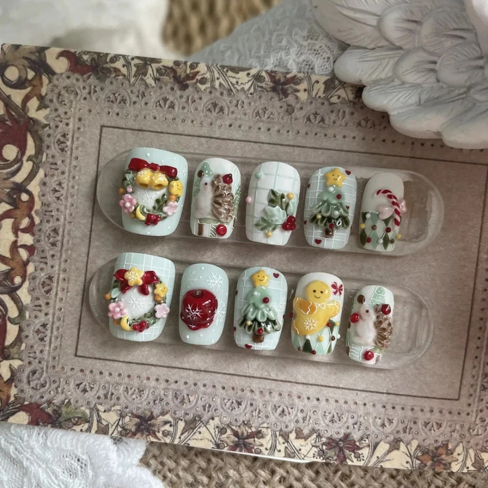 10pcs Handmade Cute Christmas Press On Nails Green Fake Nail Tips 3D Xmas Tree Artificial False Nails Desgin with Nail File Set