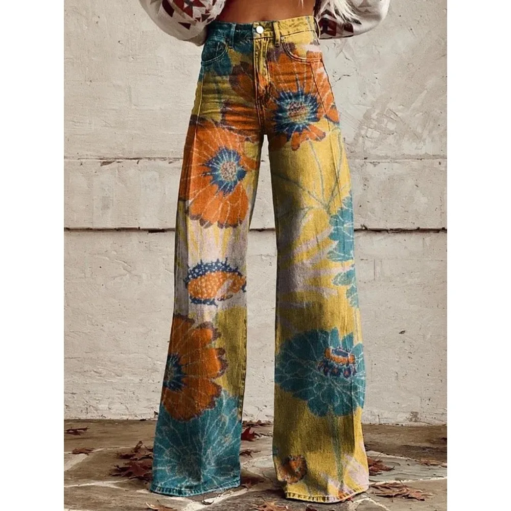 Damen Boho Blumenmuster High-Waist Weite Hose Retro Y2K Western Lässige Loose-Fit Hose mit Taschen Sexy Mädchenhafte Streetwear – Detail 21