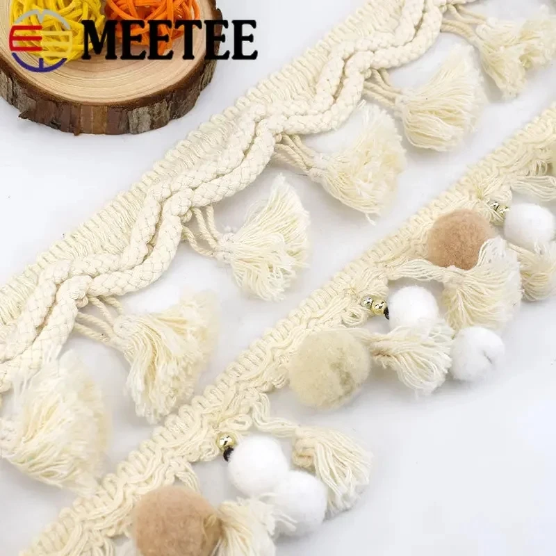 1/2/5Yards Meetee 5.5cm/6cm Tassel Lace Fabric Handmade Beaded Pom Trim Ball Ribbon DIY Craft Textile Decor Sewing Accessories