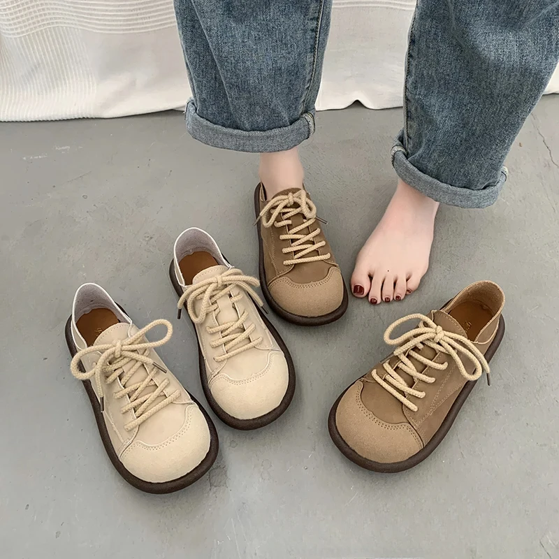 Moda versátil sapato feminino 2024 nova sola macia rendas casual simples emenda retro único sapatos planos femininos