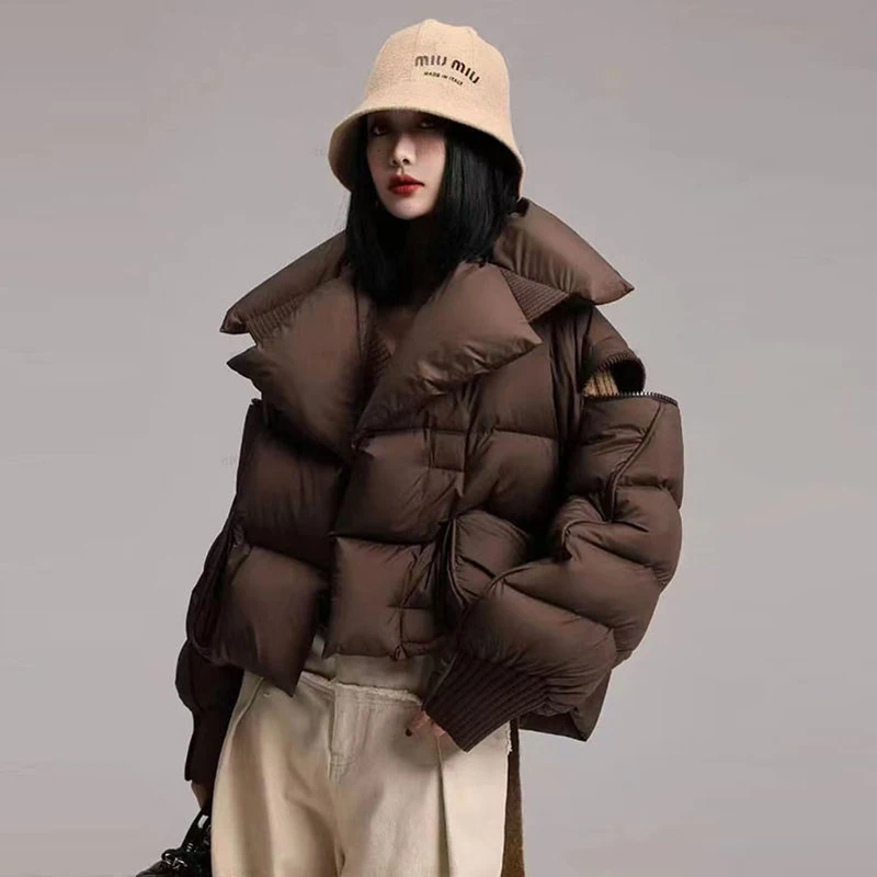 Winter White Duck Down Short Parka Spliced Fashion Women's Knitted Big Collar Puffer Jacket Stylish and Thick Loose Puffer Coat