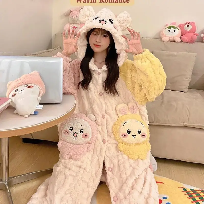 Miniso Kit Girl Coral Fleece Thickening Hooded Robe Suit Winter Kawaii Chiikawa Comic Student Keep Warm Pajamas Home Clothes New