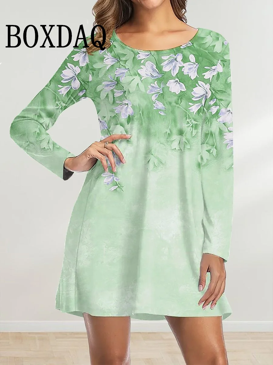 Moda damska Casual Flowers Printed Dress Autumn Winter Long Sleeve Clothing Ladies Loose A-Line Mini Dress For Women Oversized