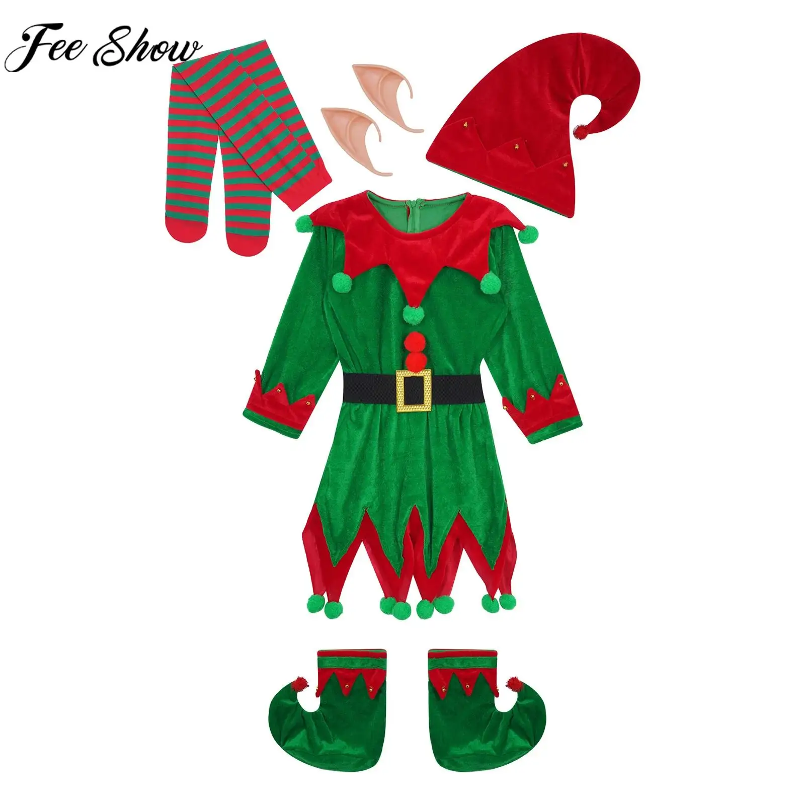 

Children Christmas Elf Cosplay Costume Halloween Xmas New Year Party Outfit Dress with Ears Hat Belt Shoes Striped Stockings