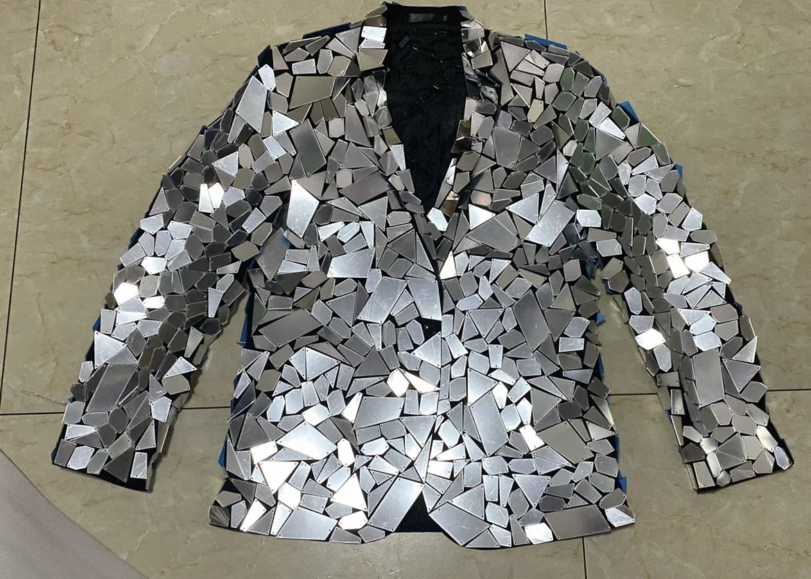 Celebrate Silver Mirror Jacket Glass Man Performance Costume Shiny Mirror Diamond Suit Coat Star Blazers Jacket Coat