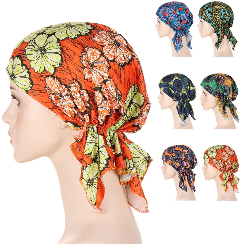 

Muslim Women Pre-Tied Hijab Strech Hat Headscarf Floral Print Bandanas Headwear Hair Loss Cancer Chemo Caps Cover Turbante Mujer