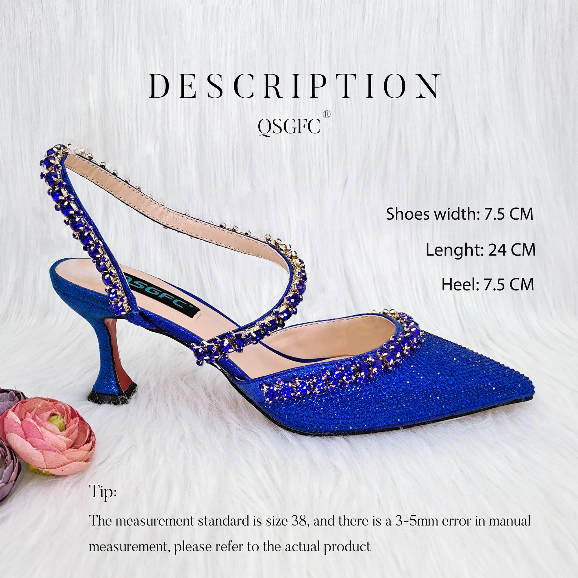 QSGFC Simple Exquisite Royal Blue High Heels Metallic Drill Chain Decoration Bucket Bag Fashion Banquet Shoes and Bag