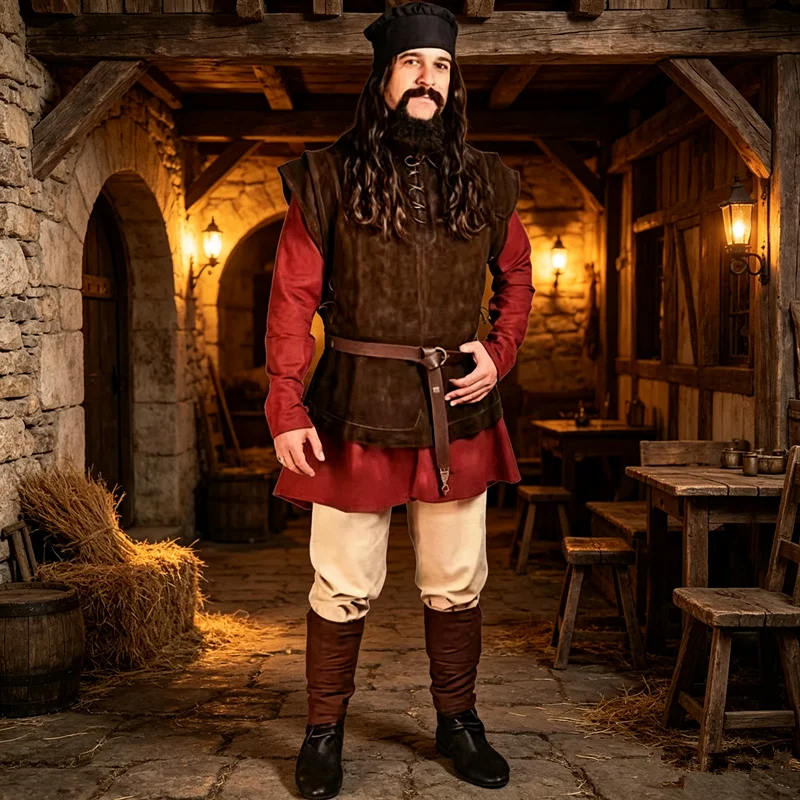 Men Medieval Sleeveless Vest, Vintage Faux Suede Lace-up Waistcoat, Adjustable Strap Slim Fit Renaissance Cosplay Costume Top