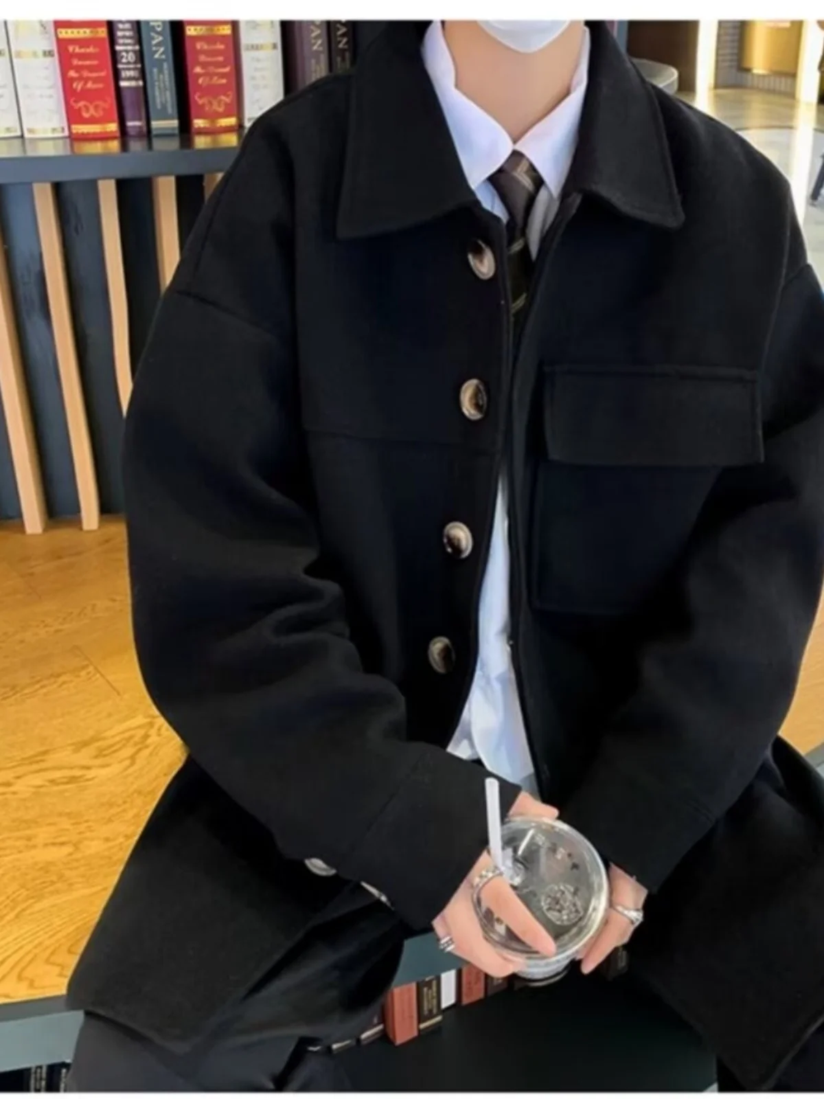 

Ele Mid-Length Men's Woolen Coat Sli Retro Briti Sle Casual Versatile Trendy Brand Outerwear for Autumn Winter