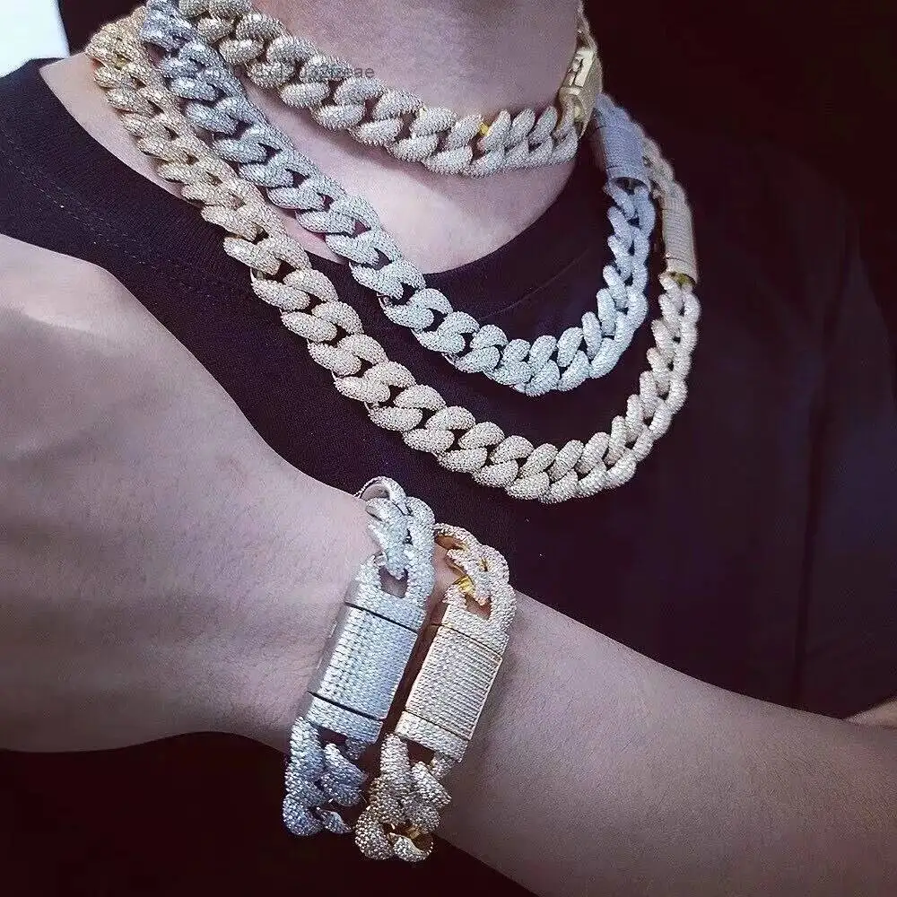 Luxury Pure 925 Sterling Silver Custom Made Moissanite Stone 15MM Hip Hop Miami Long Curb Cuban Chain Link Necklace for Men.