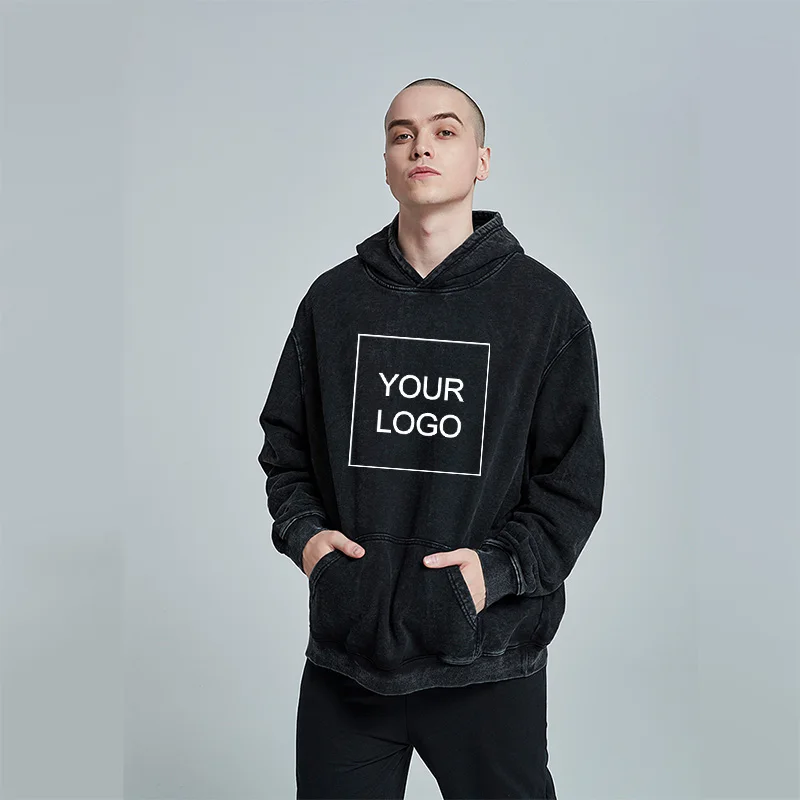 Pulôver com capuz personalizado sólido vintage masculino e feminino, Hoodie de tingimento de cera lavado, moletom Baggy, Hoodies casuais