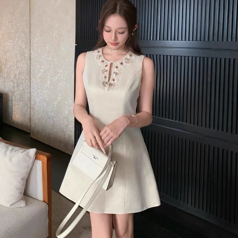 French Elegant Temperament Socialite Party Dresses Diamond Round Neck Sleeveless Loose High Waist A-line Short Tank Dress Women
