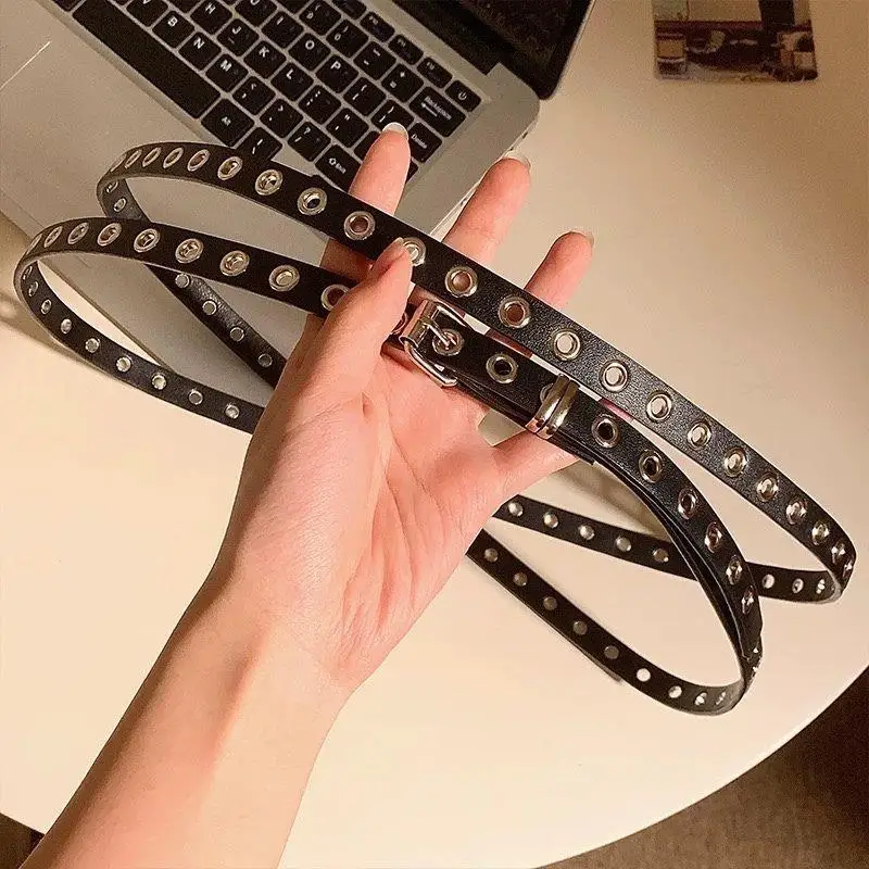 Koreański Dwuwarstwowy Pasek Nitowany Oczkowy Pasek ze Skóry PU Ozdobny Cienki Pasek do Talii Wiązany Bardzo Długi Cienki Pasek z Otworami