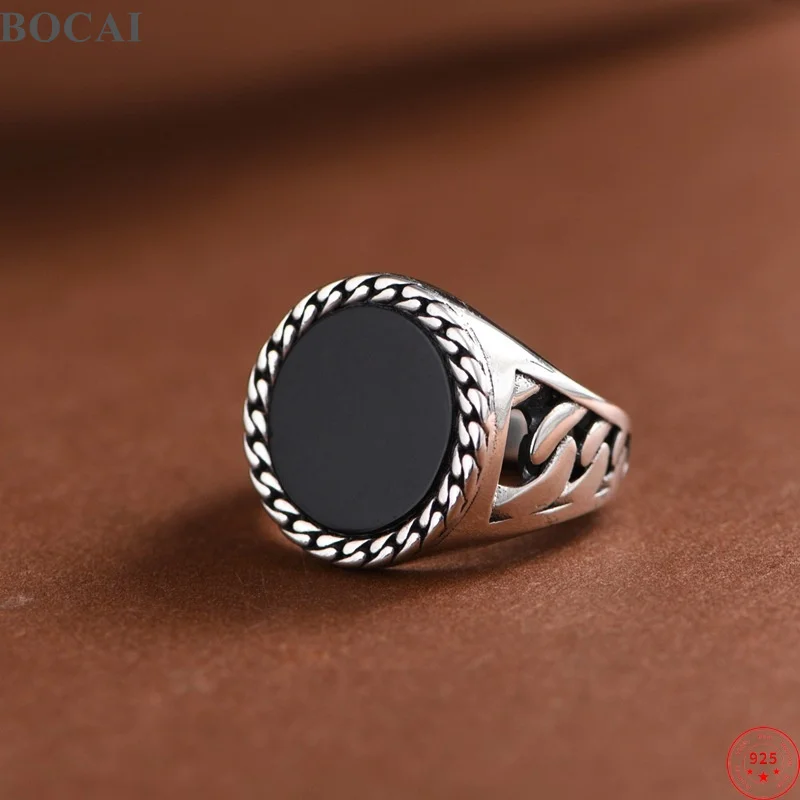 BOCAI New S925 Sterling Silver Rings for Men Women Chain Pattern Inlaid Black Agate Fashionable Ring Fine Jewelry Wholesale