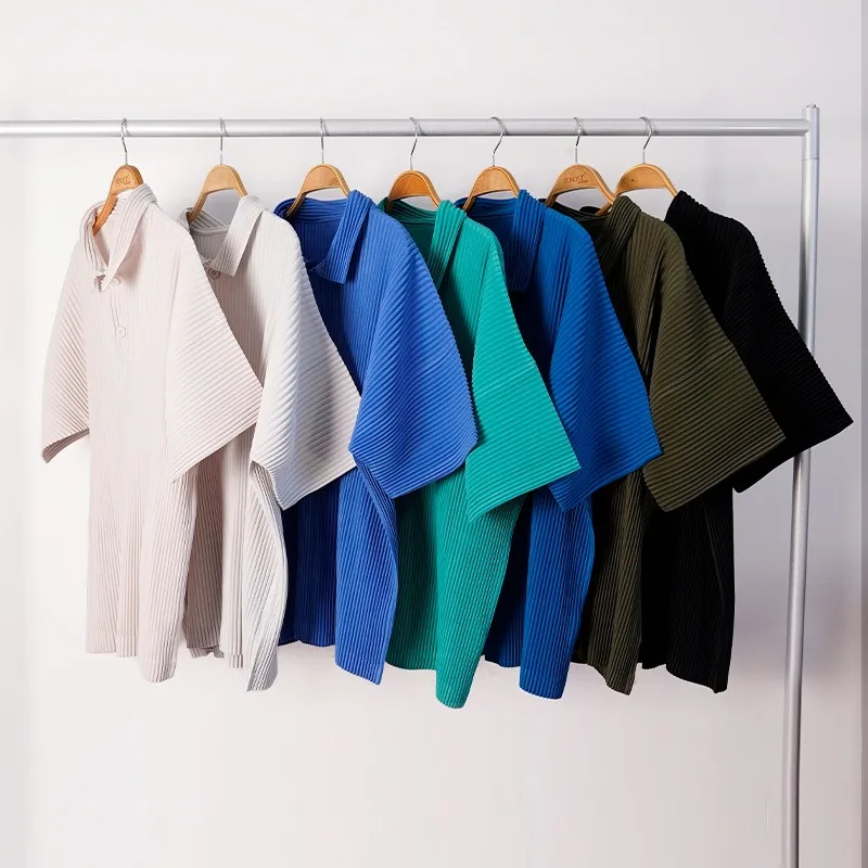 Solid Color Pleated Short Sleeve Polo Shirt Men 2026 Autumn New Turn-Down Collar Top Loose Casual Jacket Personality Versatile