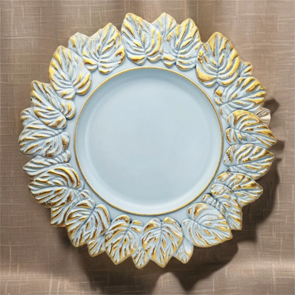 Retro Luxury Gold Leaf Lace Decorative Plate Wedding Fruit Serving Charger Plate Elegant Home Decor Kitchenware