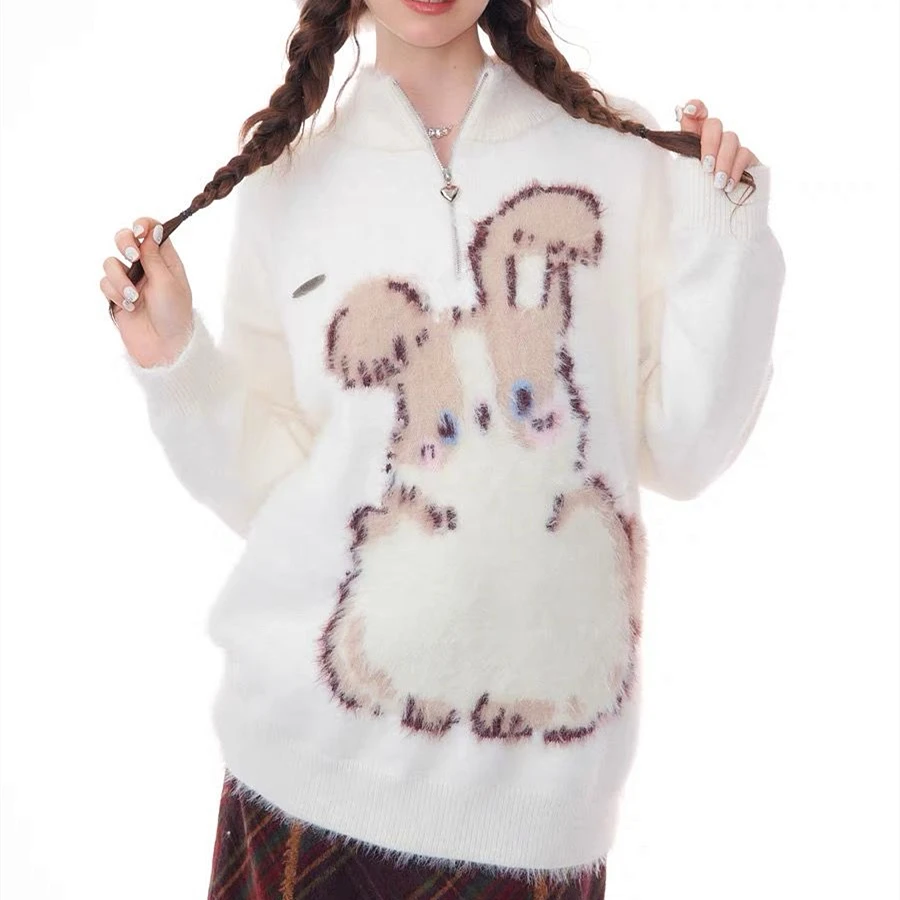 Zipper Stand Collar Plush Pink Sweaters for Girls Cute Rabbit Y2K Printed Kawaii Winter Coats Women Lovely Oversized Korean Tops