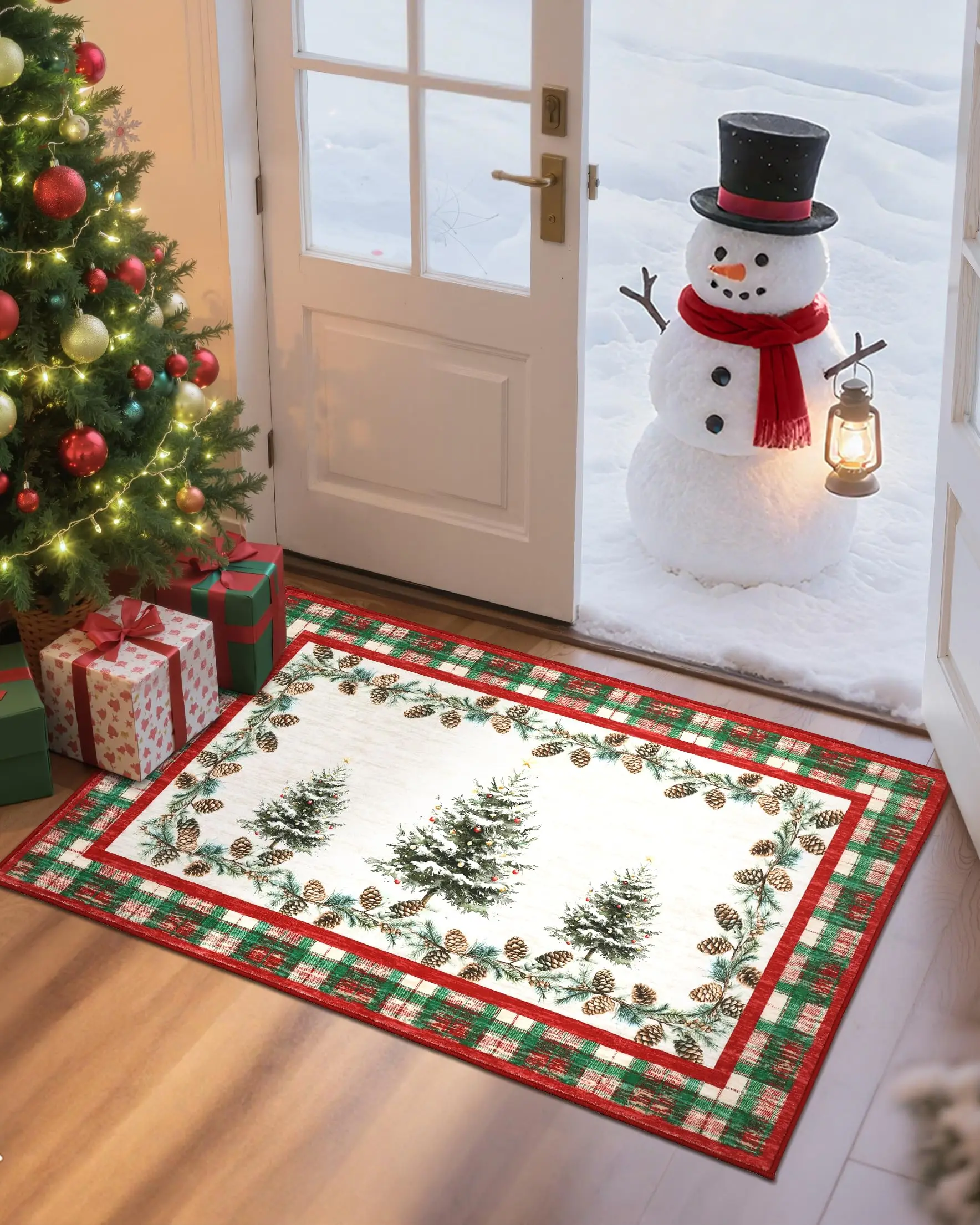 VIKAMA Christmas Area Rug 2x3 Non Slip Washable Entryway Indoor Kitchen Rugs Christmas Tree Print Low-Pile Door Mat Home Decor
