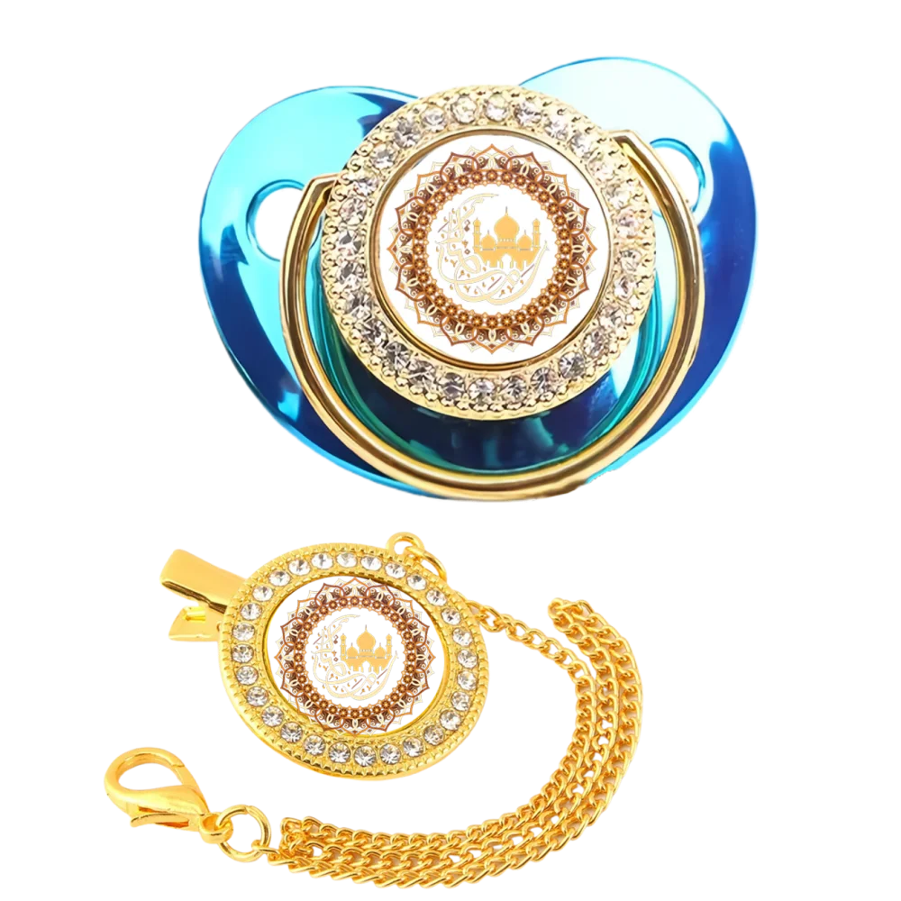 

Sparkling blue pacifier newborn dummy luxury chain clip set Muslim baby pacifier baby shower gift silicone baby teeth