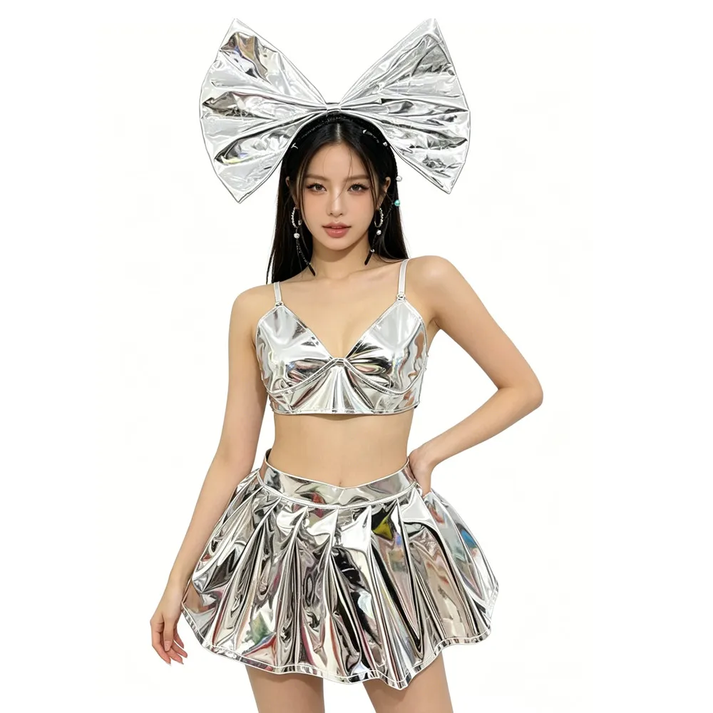 

Bar Nightclub Women DJ Gogo Dancer Costume Silver Gold Laser Leather Mini Skirt Bow Headgear Team Dance Outfit Sexy Stage Wear