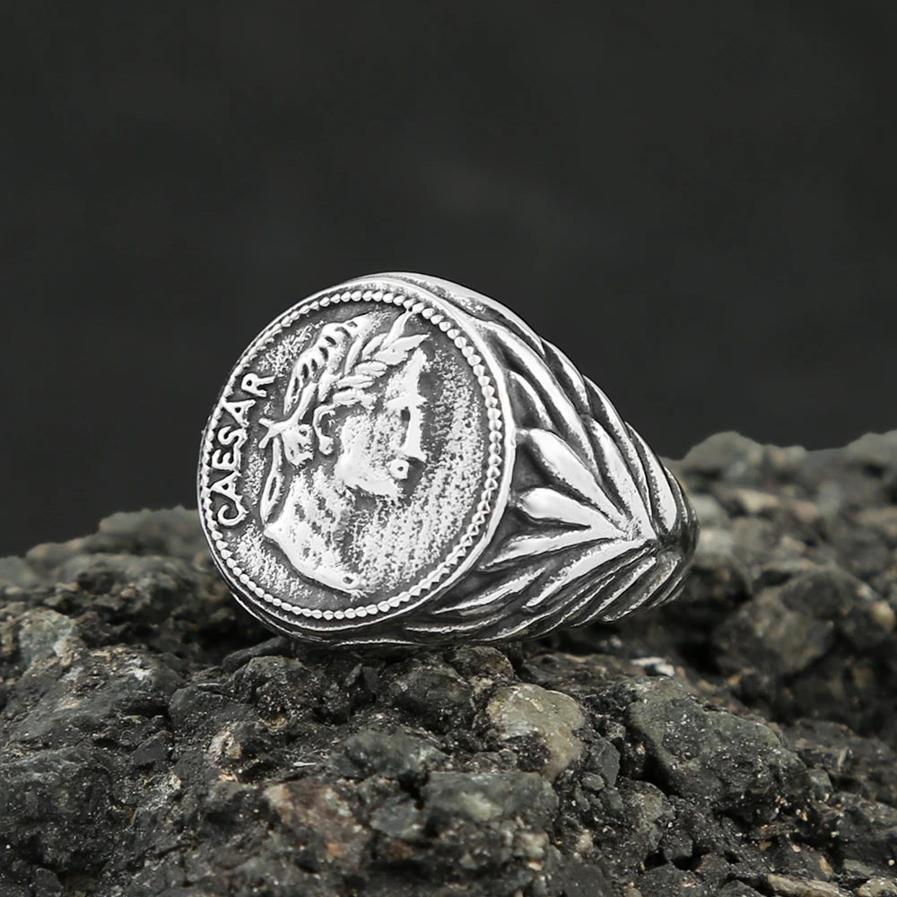 Vintage Roman Empire Caesar Rings For Men Stainless Steel Silver/Gold Color Coin Caesar Head Signet Mens Rings Fashion Jewelry