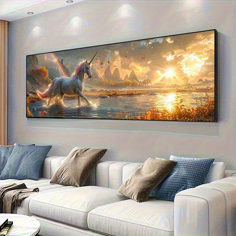 

Большой набор для алмазной вышивки: Уникальный пейзаж с единорогом и восходом солнца. Мозаика из квадратных и круглых страз. Декор для стен.