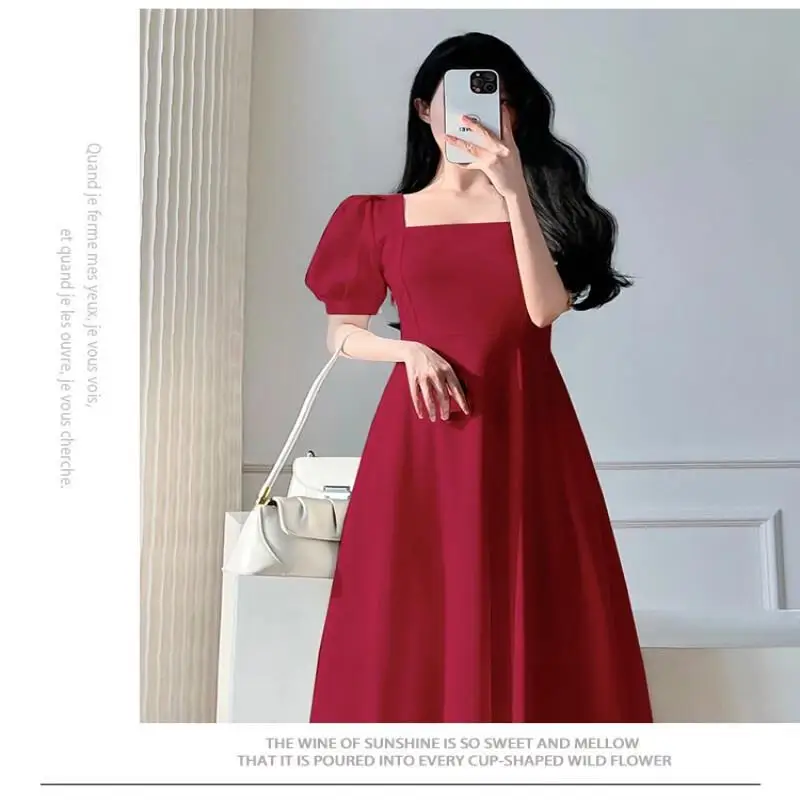 فستان نسائي طويل كروي كلاسيكي للحفلات ، ياقة مربعة ، أكمام فقاعات ، مزاجه مناسب للجسم ، ملابس صيفية