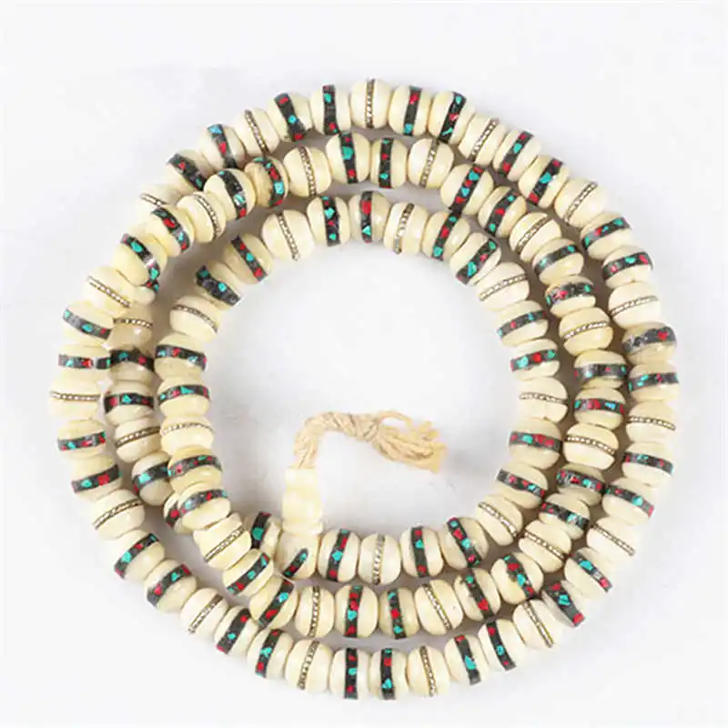 Tibetan Rosary Tibet 108PCS White Yak Bone Meditation Prayer Mala 6/7/8/10mm Bone Inlay Stone Metal Silk BRO574