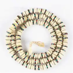 Tibet Rosary Tibetan Buddhist White Ox Bone Meditation Prayer Mala 10mm Inlay Stone Metal Silk BRO574