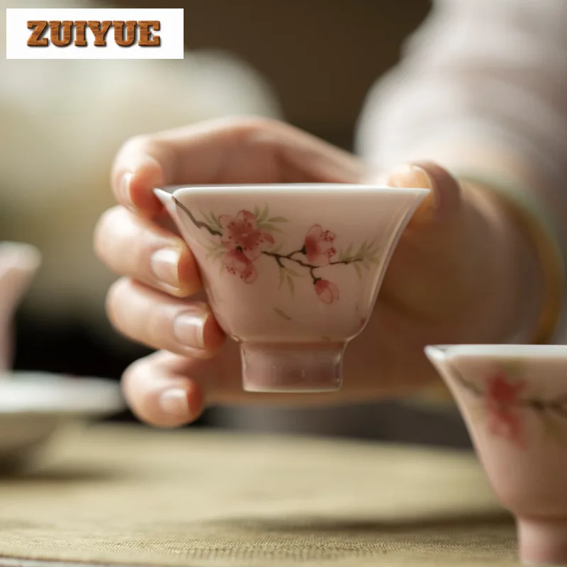 2pc/lot Hand-painted Peach Blossom Teacup Creative Tea Bowl Cute Cup Tea-tasting Fragrance Cup Jianzhan Master Cups Teaware 45ml