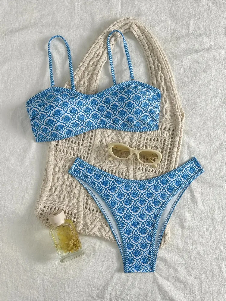 Women Green Floral Pleated Push Up Padded Bandeau Thong Bikini Set 2025 New Summer Beach Swimsuit 2 pieces set for woman