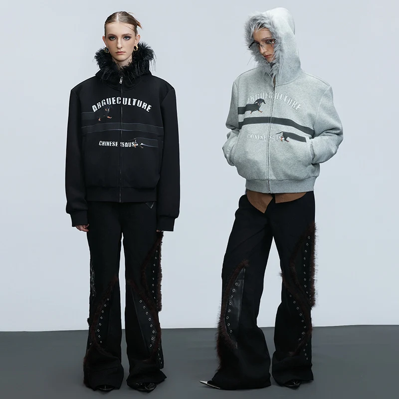 LUZHEN شتاء جديد الفراء مقنعين رسالة سحاب مطبوع البلوز الرجال النساء 2025 موضة وسيم فضفاض ملابس كاجوال JY4787