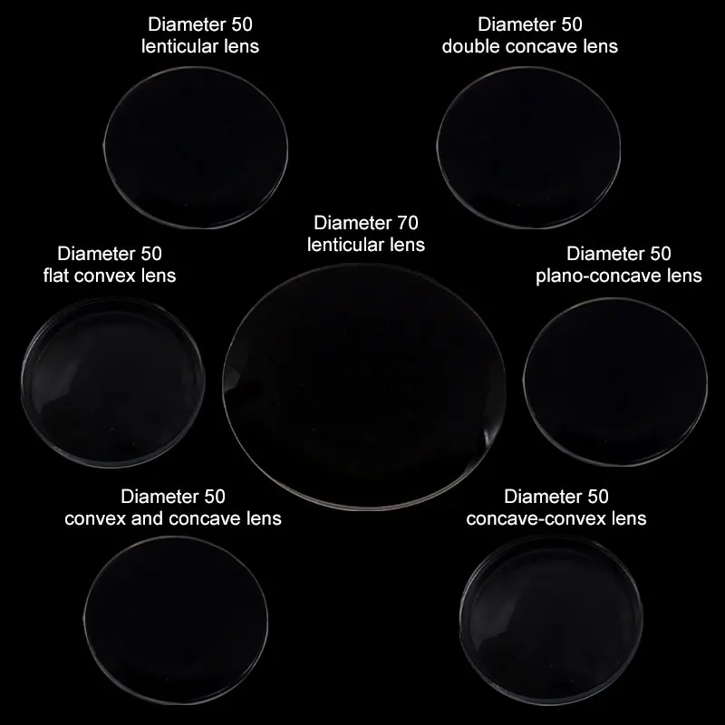 Set di lenti acriliche PMMA 7 pezzi diametro 50 75 lenti Concave donvesse Concave-convesso piatto convesso studio di fisica propagazione della luce