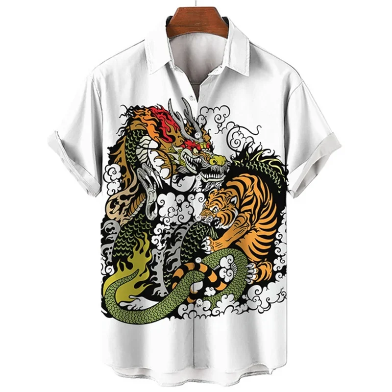 

Handsome printed men's lapel shirts Dragon Fighting Tiger Pattern Casual Comfort Street Fashion Men's Tops Loose Men's Short Sle