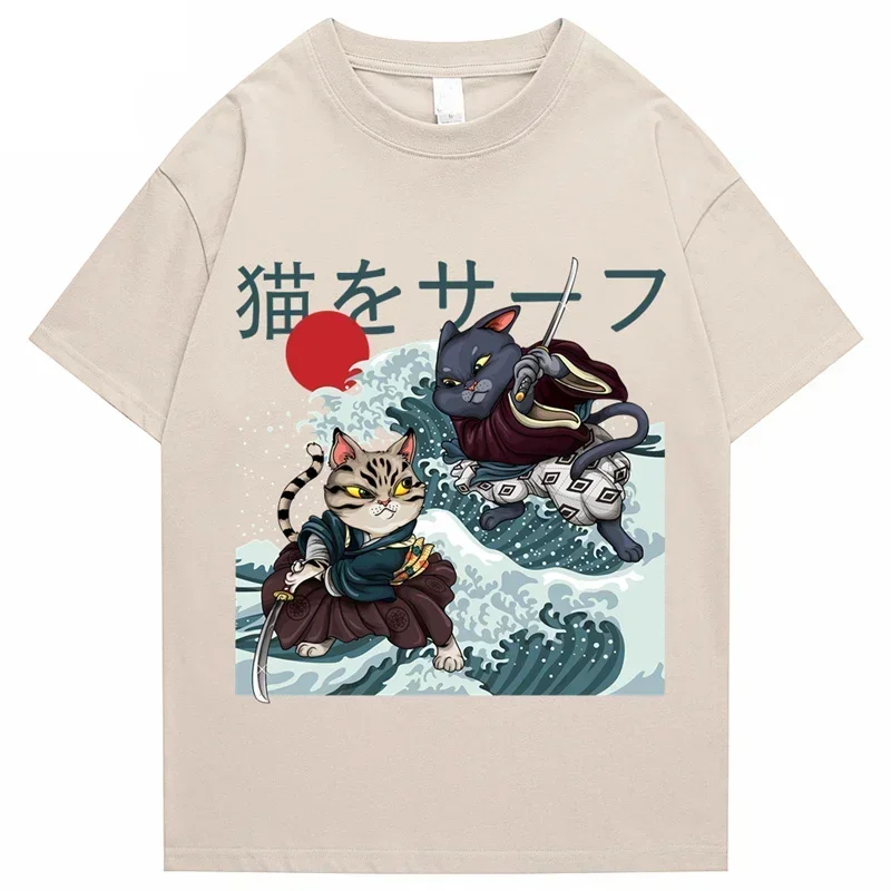 Hip Hop Street Style Harajuku TShirt Surf Cat Print T-Shirt 2025 Men's Summer Short Sleeve T-Shirt Cotton Loose Top Women