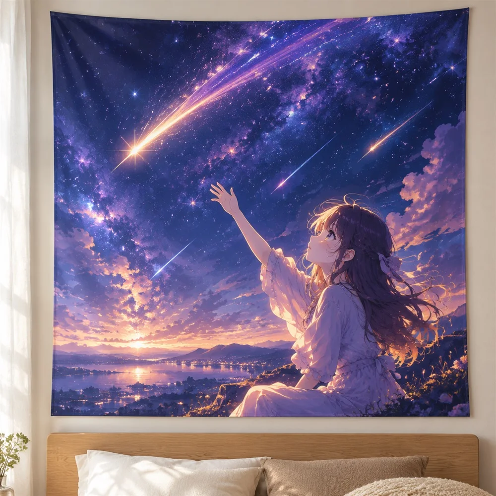 VIKAMA Shooting Star Girl Anime Tapestry Wall Hanging, Galaxy Anime Wall Decor Tapestries for Bedroom Living Room Study Dorm