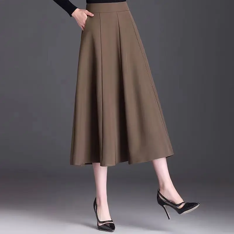 Elegant Long A-Line Skirt For Women High Waist Slimming Mid Length Commuting Solid Minimalist Skirt With Pockets Women Dress