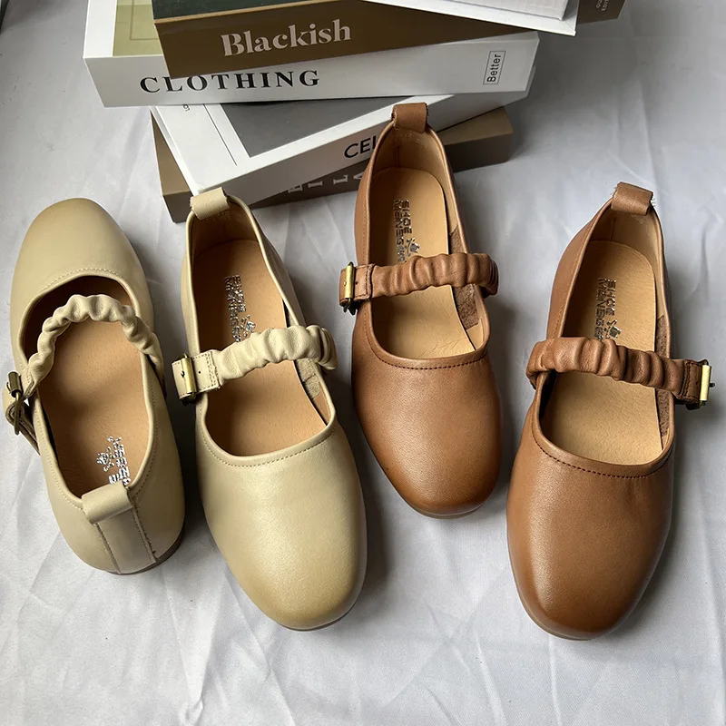Careaymade-Genuine leather women\'s shoes,Retro Mary Jane Shoes Slimming Shallow Mouth Single Shoes Flat Sole Women\'s Shoes