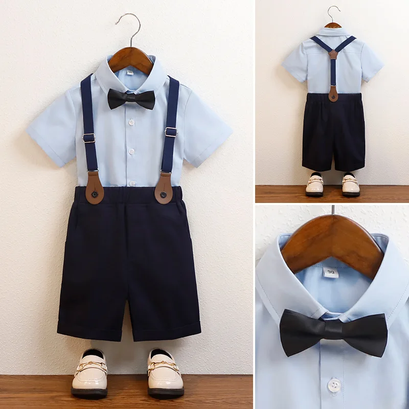 

Boys Suit Short-sleeved Shirt Suspenders Shorts Two-piece Summer Children School Uniform Toddler Piano Chorus Performance Gown