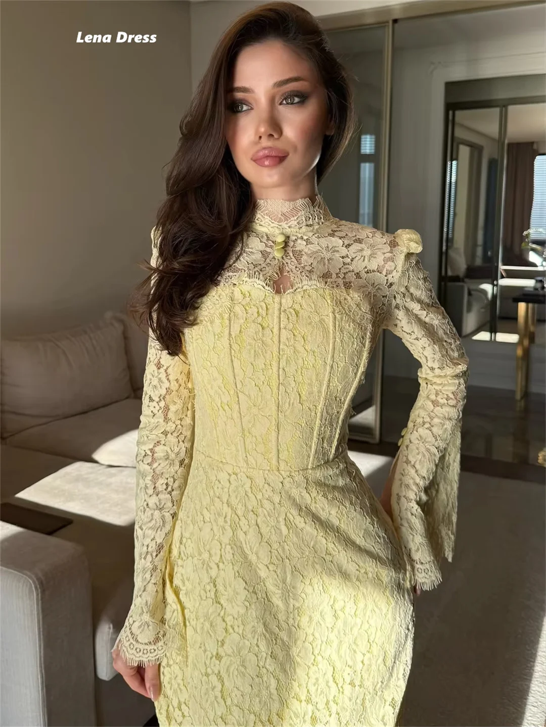 Lena Long Sleeves Prom Dresses 2025 Luxury Evening Dress 2025 Round Neck Customized Embroidered Lace Wedding Party Dress Women