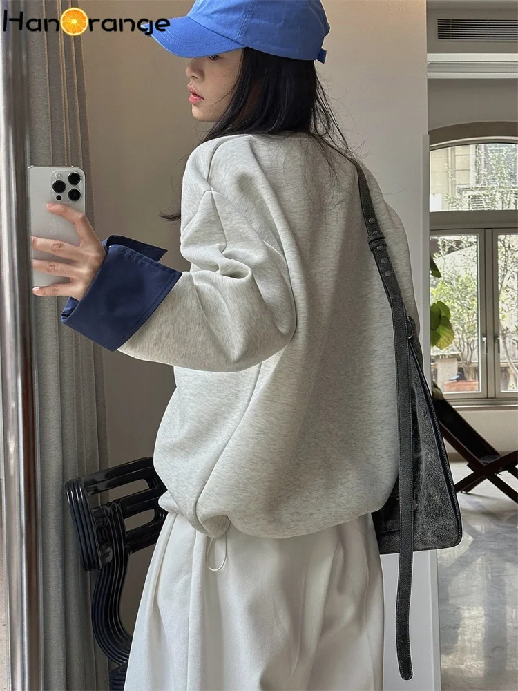 HanOrange 2025 Spring Simple Lazy Splicing Sleeve Sweatshirt Loose Silhouette Comfortable Top Black/Apricot Blossom