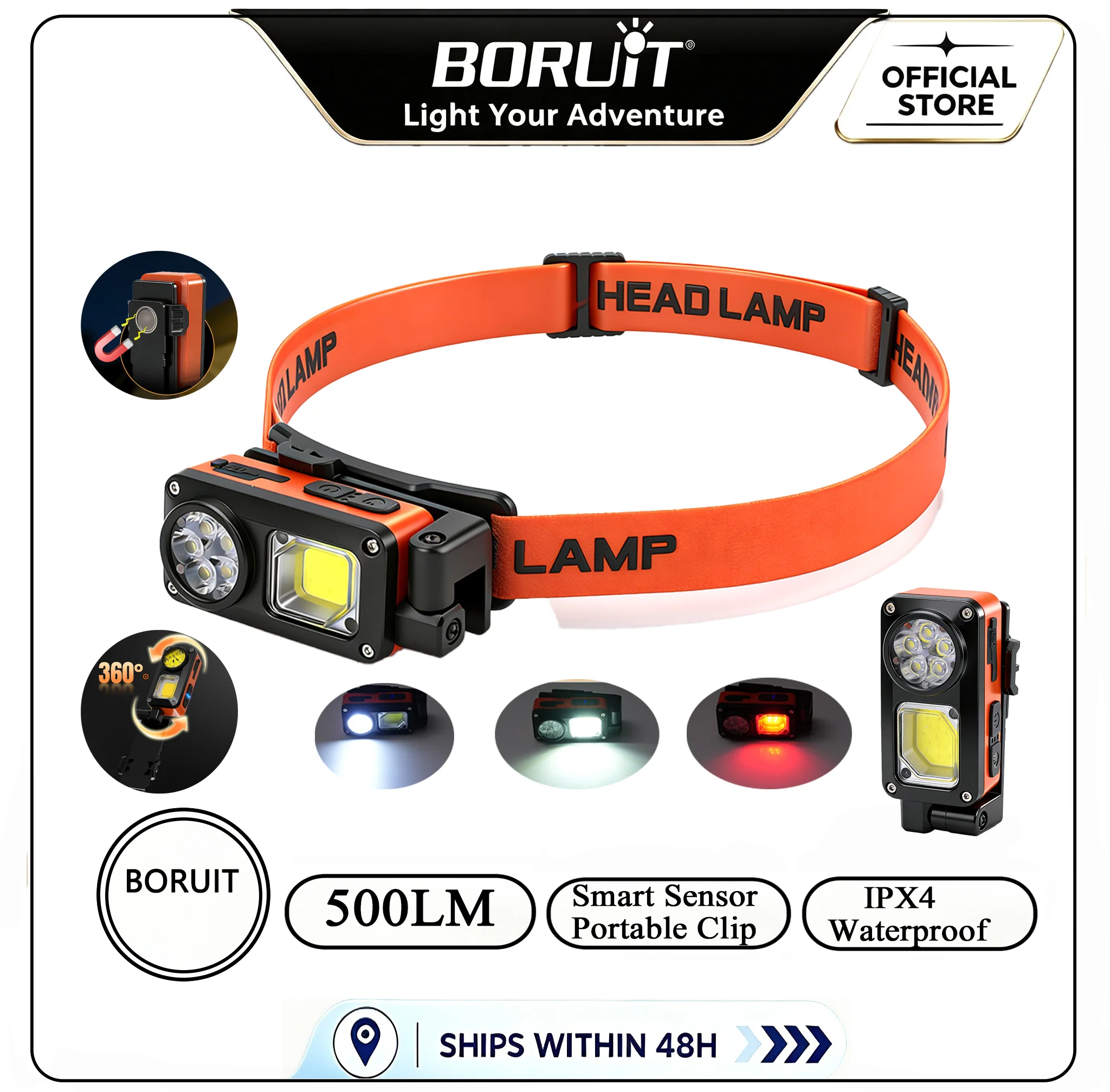 BORUiT 500LM Sensor 5 Modes Head Flashlight LED Angle Adjustable with Magnet& Clip Headlamp with Red Light for Outdoor Fishing