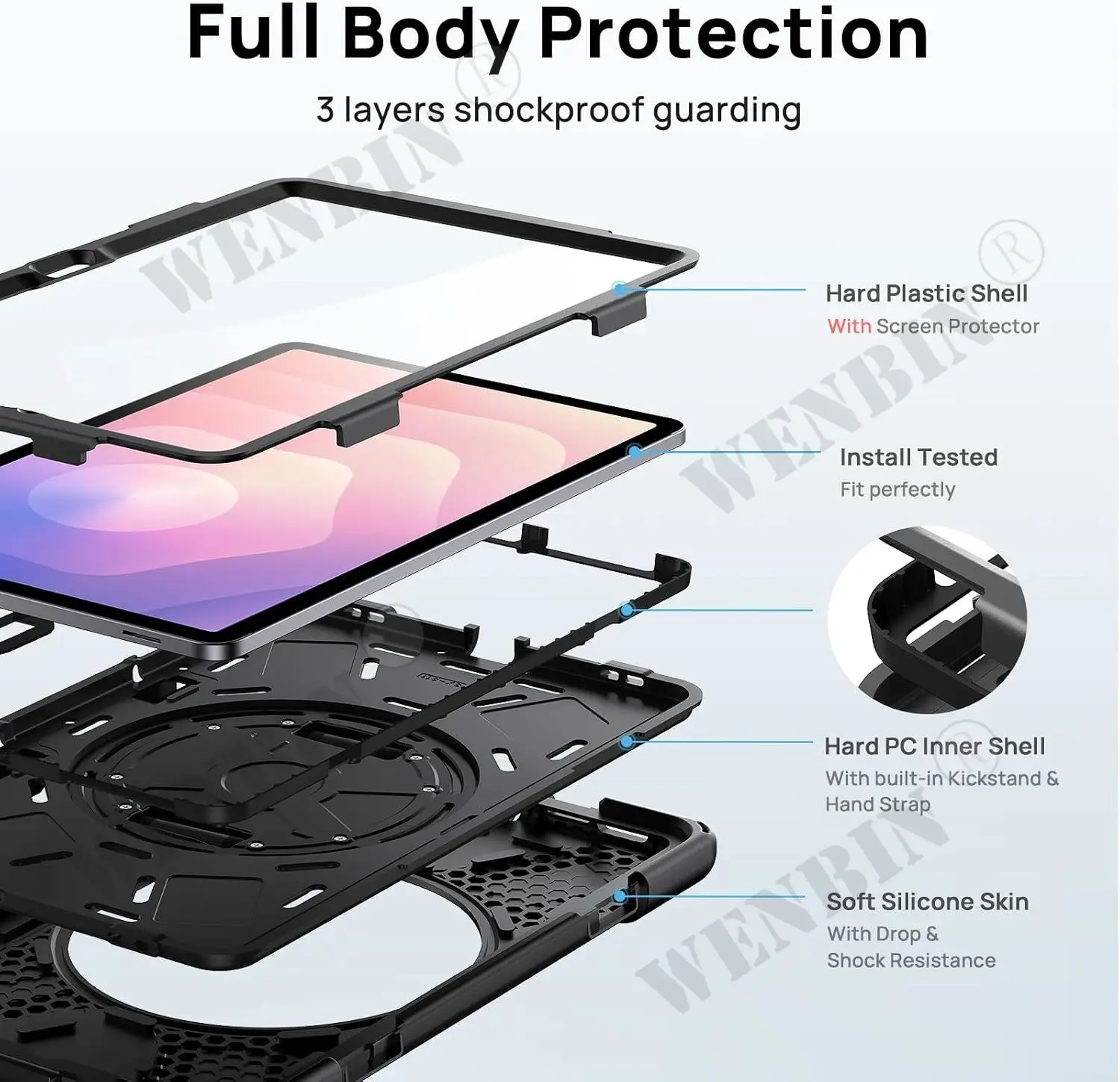 Case For Samsung Tab S11 X730 X736 X736B Tablet Heavy Duty Shockproof Protective Rotating Stand Hand Strap Holder Black Case