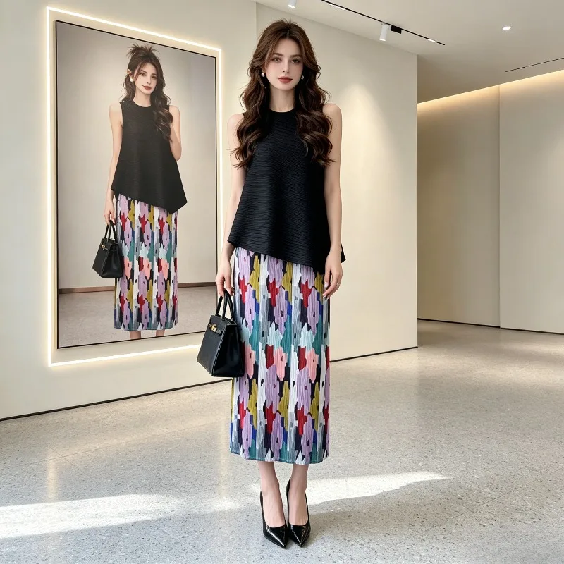 

Miyake Pleated Colorful Print Skirt 2026 New Original Draped Casual Pleated Straight Long Skirt Elastic Waist Versatile Style