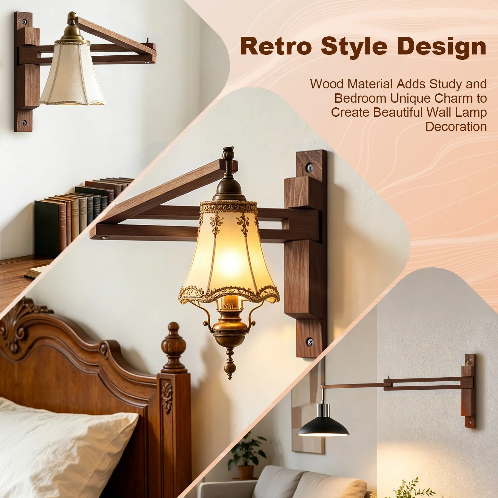 Wall Mount Wood Lamp Holder Folding Bracket Adjustable Angle Decorative Sconce Bracket for Hanging Pendant Light Wood Wall Light