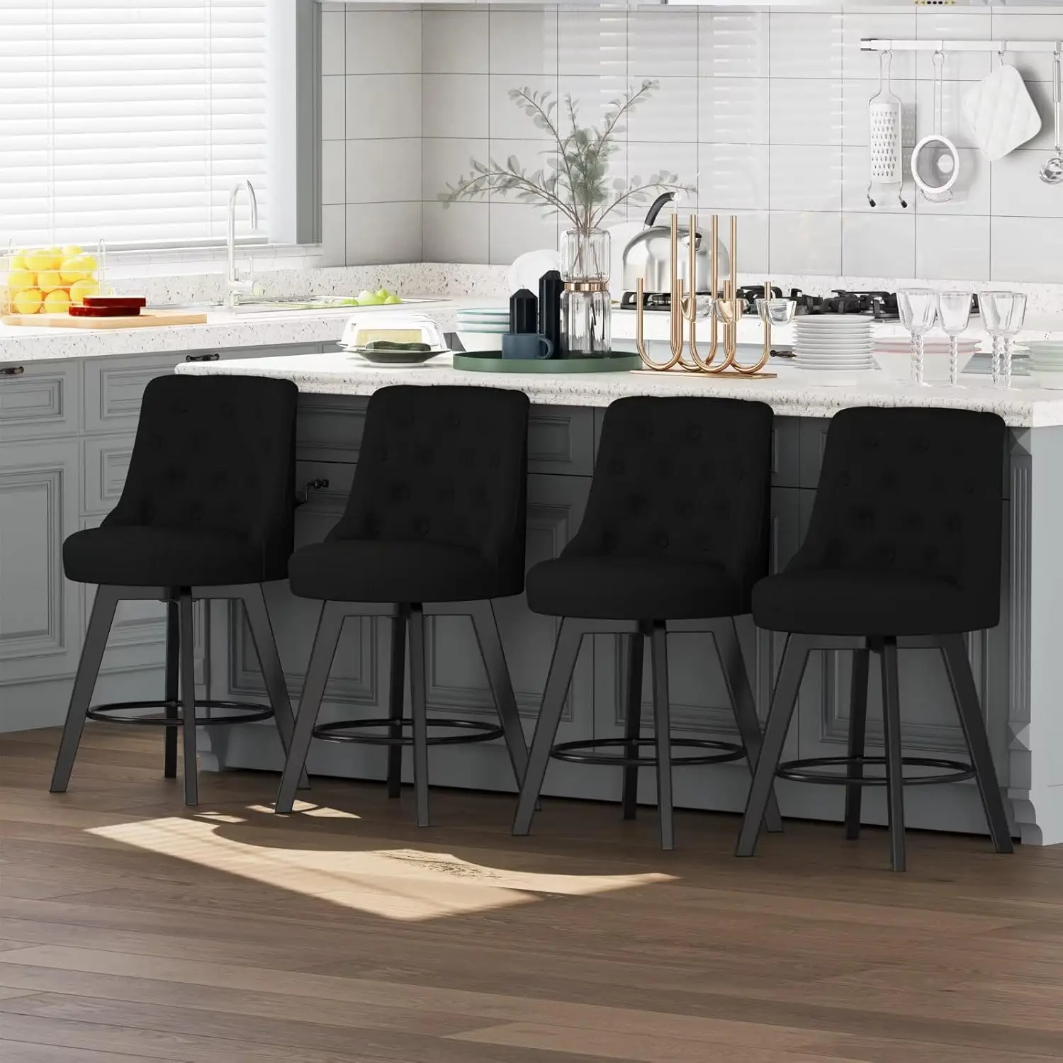 

Набор из 4 барных стульев, 26 дюймов, с обивкой, низкой спинкой с каретной стяжкой и подставкой для ног, поворотные, регулируемая высота, на заказ